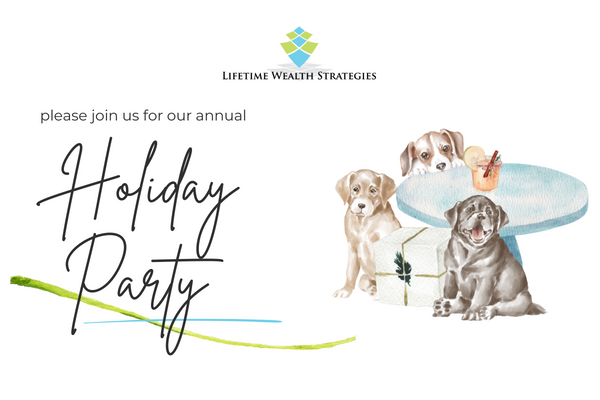 "Please join us for our annual Holiday Party" image features three puppies sitting around holiday gifts and a table with a cocktail.